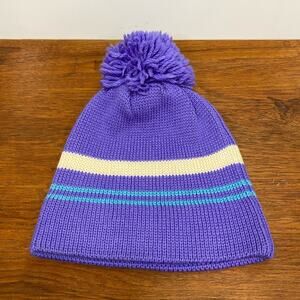 Vintage Meister 100% Wool Knit Pom Beanie Purple‎ Blue Striped Ski Hat Hong Kong
